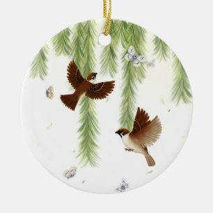 Japanese Tree Sparrows Under a Weeping Willow Cera Ceramic Ornament