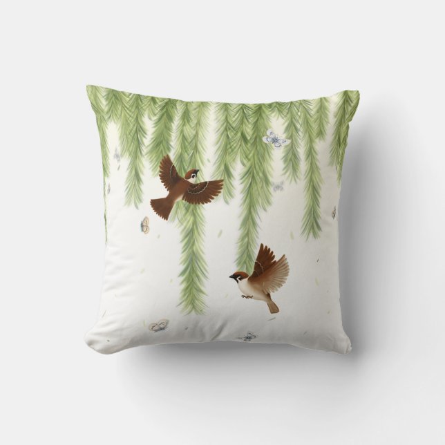Japanese Tree Sparrows Under a Weeping Willow Cushion (Front)