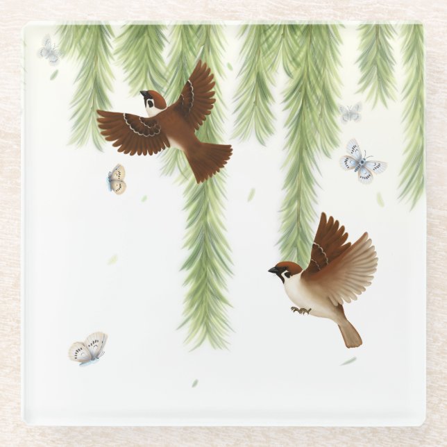 Japanese Tree Sparrows Under a Weeping Willow Tree Glass Coaster (Front)