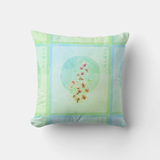 Japanese turquoise floral blossoms at Spring time  Cushion (Front)