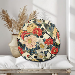 Japanese Ukiyo-E Art Floral Pattern Round Cushion