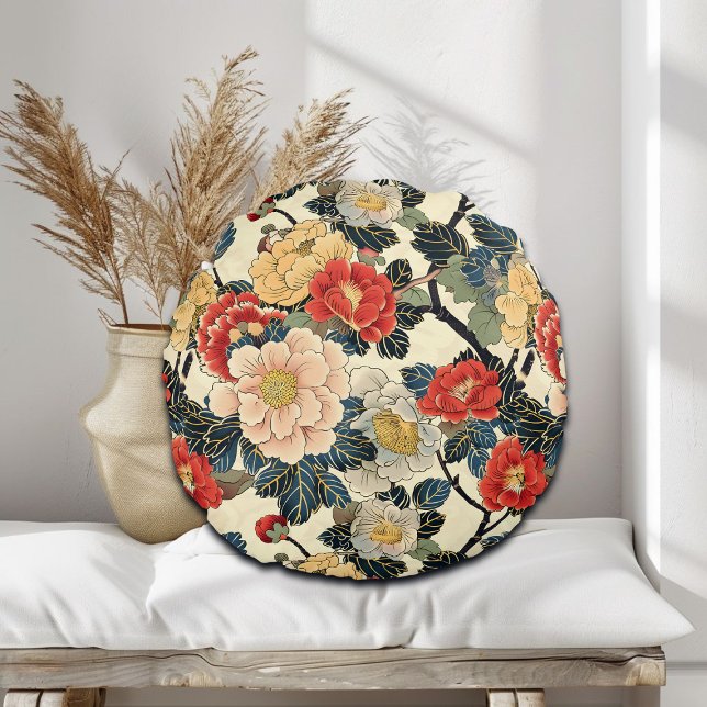 Japanese Ukiyo-E Art Floral Pattern Round Cushion (Creator Uploaded)