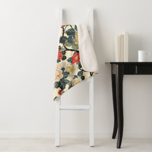Japanese Ukiyo-E Art Floral Pattern Sherpa Blanket