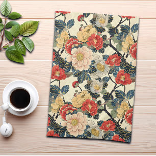 Japanese Ukiyo-E Art Floral Pattern Tea Towel
