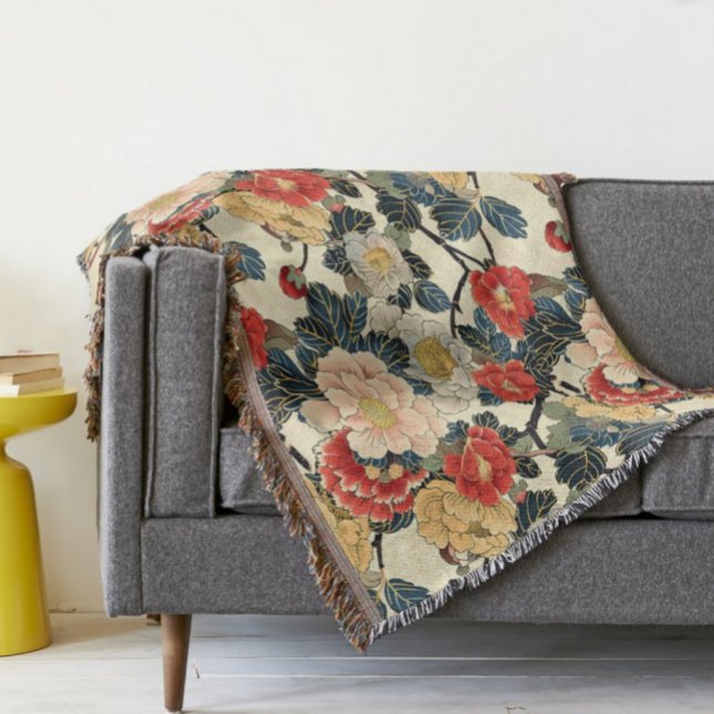 Japanese Ukiyo-E Art Floral Pattern Throw Blanket (Creator Uploaded)