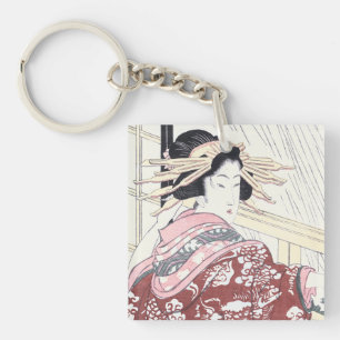 Japanese Ukiyo-e Courtesan with Hair Ornaments Key Ring