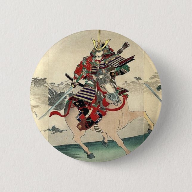 Japanese ukiyo-e horseback knight warrior samurai 6 cm round badge (Front)