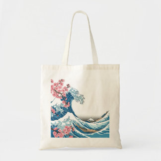 Japanese Ukiyo-e Wave and Cherry Blossom Tote Bag