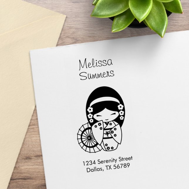 Japanese Umbrella Geisha Girl in Kimono Address Rubber Stamp (Creator Uploaded)