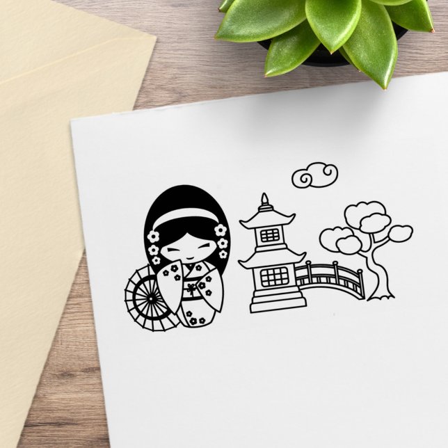 Japanese Umbrella Geisha Girl in Kimono Scrapbook Rubber Stamp (Creator Uploaded)