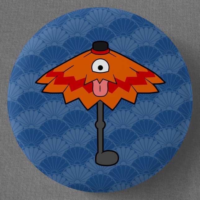 Japanese Umbrella Ghost Yokai 6 Cm Round Badge (Cute Umbrella Ghost Kasa-obake Yokai Can Badge- Detail View)