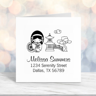 Japanese Umbrella Girl in Kimono Address Self-inking Stamp