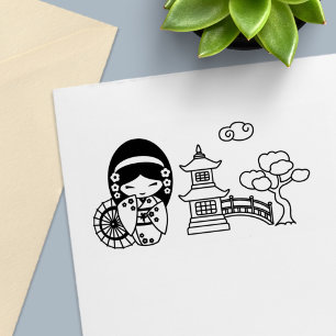 Japanese Umbrella Girl in Kimono Scrapbook Self-inking Stamp