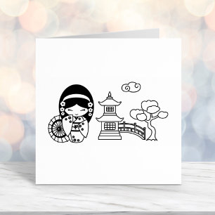 Japanese Umbrella Girl in Kimono Scrapbook Self-inking Stamp