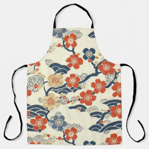 Japanese Ume Plum Blossoms Navy Wave Cream Apron