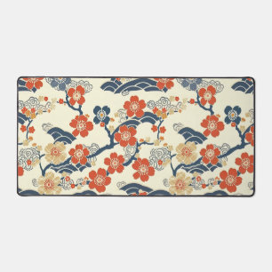 Japanese Ume Plum Blossoms Navy Wave Cream Desk Mat