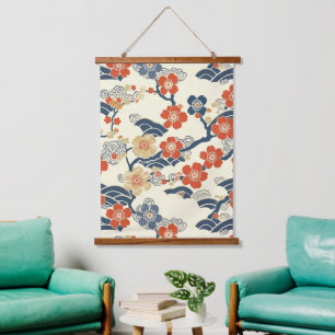 Japanese Ume Plum Blossoms Navy Wave Cream Hanging Tapestry