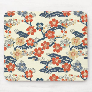 Japanese Ume Plum Blossoms Navy Wave Cream Mouse Pad