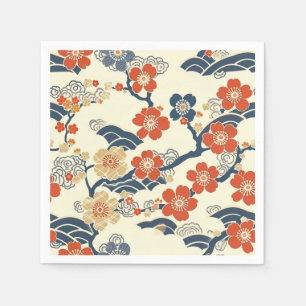Japanese Ume Plum Blossoms Navy Wave Cream Napkin