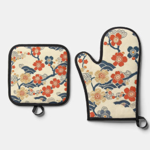 Japanese Ume Plum Blossoms Navy Wave Cream Oven Mitt & Pot Holder Set