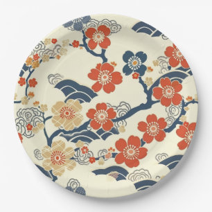 Japanese Ume Plum Blossoms Navy Wave Cream Paper Plate