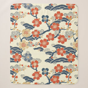 Japanese Ume Plum Blossoms Navy Wave Cream Sherpa Blanket