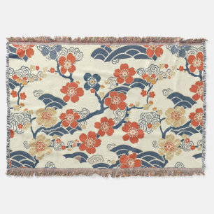 Japanese Ume Plum Blossoms Navy Wave Cream Throw Blanket