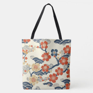 Japanese Ume Plum Blossoms Navy Wave Cream Tote Bag