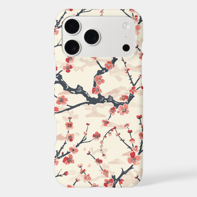 Japanese Ume Red Coral Blossom Ivory Wave Pattern (Back)