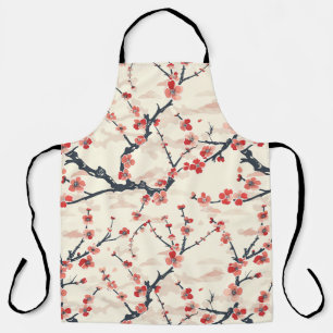 Japanese Ume Red Coral Blossom Ivory Wave Pattern Apron
