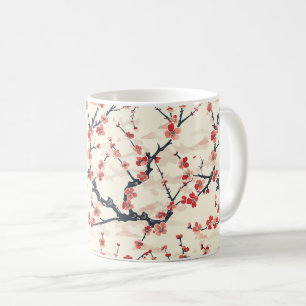 Japanese Ume Red Coral Blossom Ivory Wave Pattern Coffee Mug
