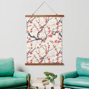 Japanese Ume Red Coral Blossom Ivory Wave Pattern Hanging Tapestry