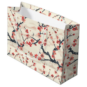 Japanese Ume Red Coral Blossom Ivory Wave Pattern Large Gift Bag