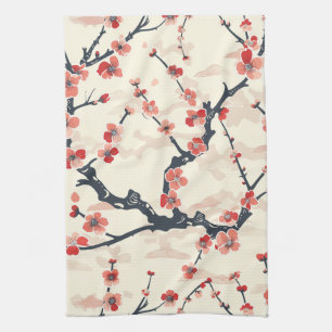 Japanese Ume Red Coral Blossom Ivory Wave Pattern Tea Towel