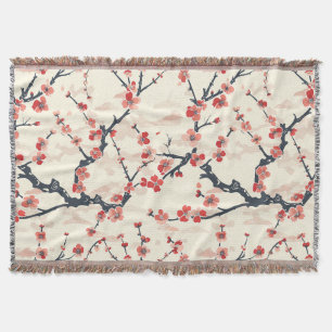 Japanese Ume Red Coral Blossom Ivory Wave Pattern Throw Blanket