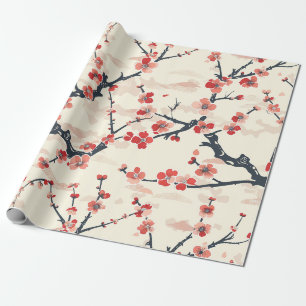 Japanese Ume Red Coral Blossom Ivory Wave Pattern Wrapping Paper
