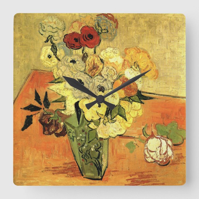 Japanese Vase, Roses, Anemones by Vincent van Gogh Square Wall Clock (Front)