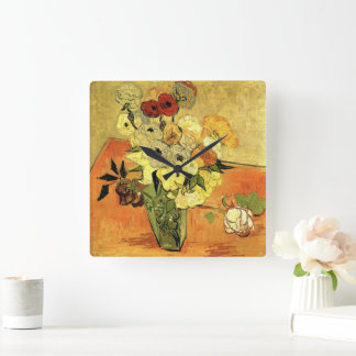 Japanese Vase, Roses, Anemones by Vincent van Gogh Square Wall Clock