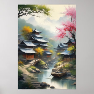 Japanese Village in the Misty Valley Poster