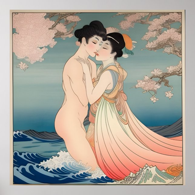 Japanese vintage art,silk paper painting,lovers  poster (Front)