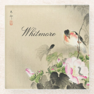 Japanese Vintage Bird and Pink Blossoms Print Glas Glass Coaster