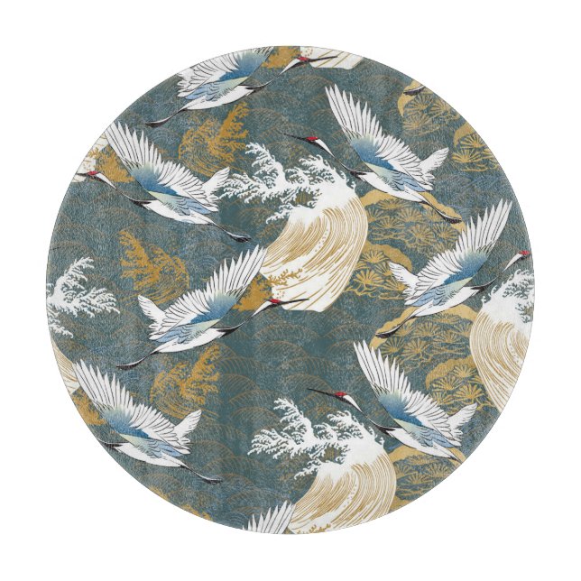 Japanese Vintage Crane Birds Pattern Cutting Board (Front)