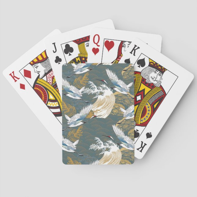 Japanese Vintage Crane Birds Pattern Playing Cards (Back)