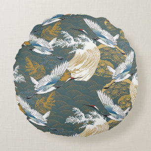 Japanese Vintage Crane Birds Pattern Round Cushion