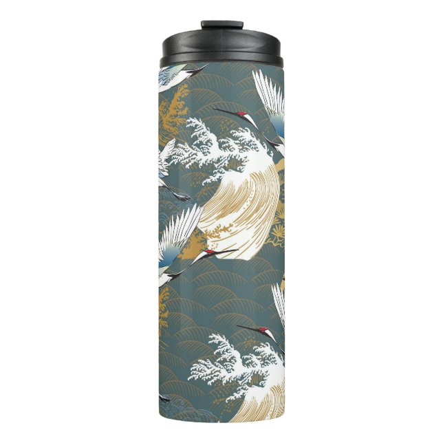 Japanese Vintage Crane Birds Pattern Thermal Tumbler (Front)