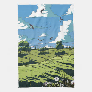 Japanese Vintage Landscape At Night Tea Towel