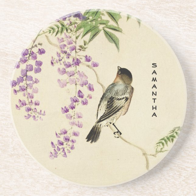 Japanese Vintage Lilac Sparrow Sandstone Coaster (Front)