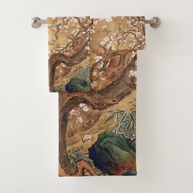 Japanese vintage plum blossoms in moonlight bath towel set (Insitu)
