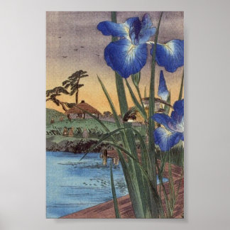 Japanese vintage ukiyo-e blue iris and bird scene poster