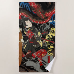 Japanese warrior fighting giant snake beach towel